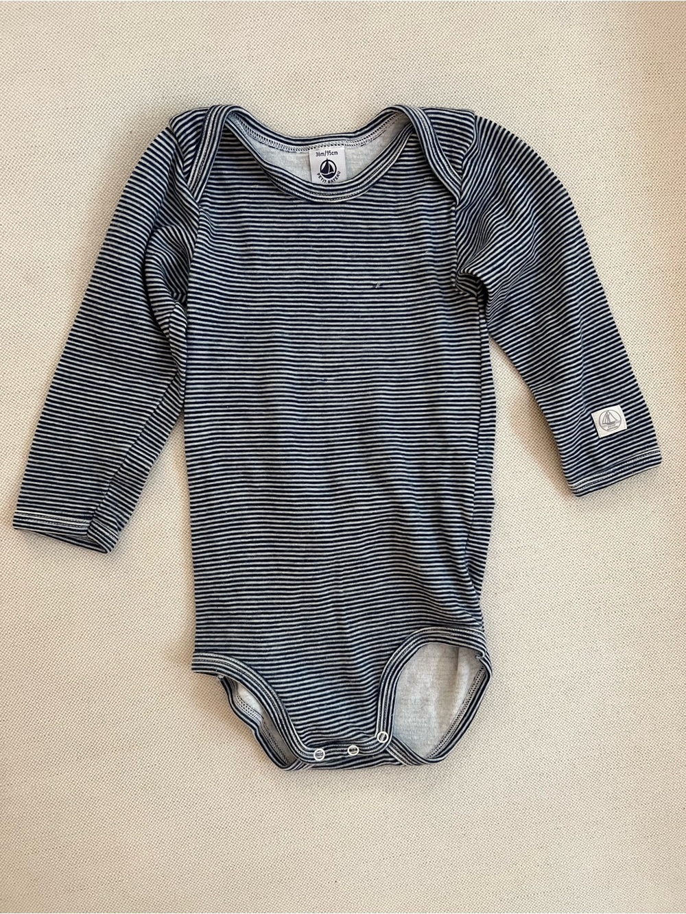 Petit Bateau Navy and White Striped Long-Sleeve One-Piece 36M/95cm